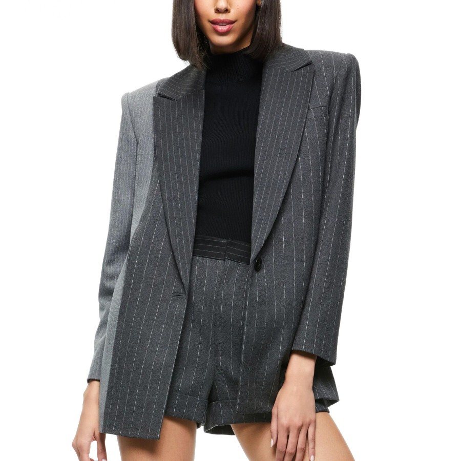 Clothing Alice + Olivia | Colley Notch Collar Blazer Grey/Charcoal Pinstrip