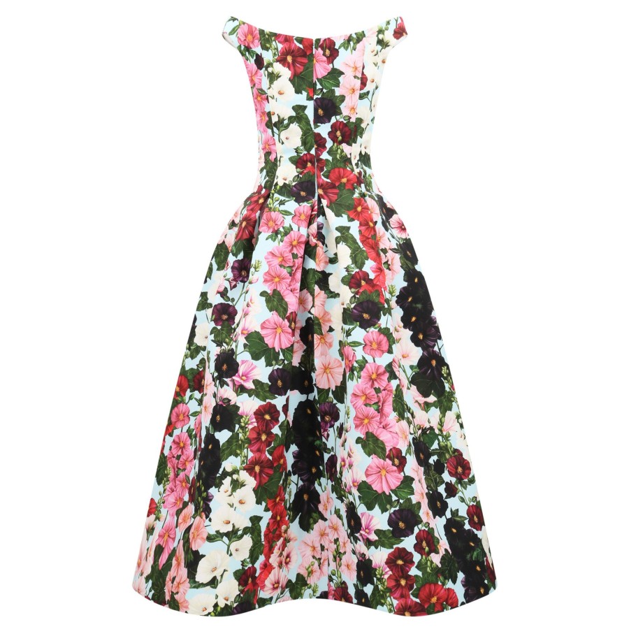 Clothing Oscar de la Renta | Hollyhock Print Faille Off-The-Shoulder Dress Pink/Pale Blue