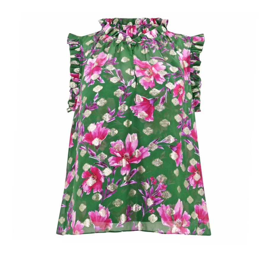 Clothing Christy Lynn | Nora Silk Lurex Jacquard Top Pink/Green Poinsettia