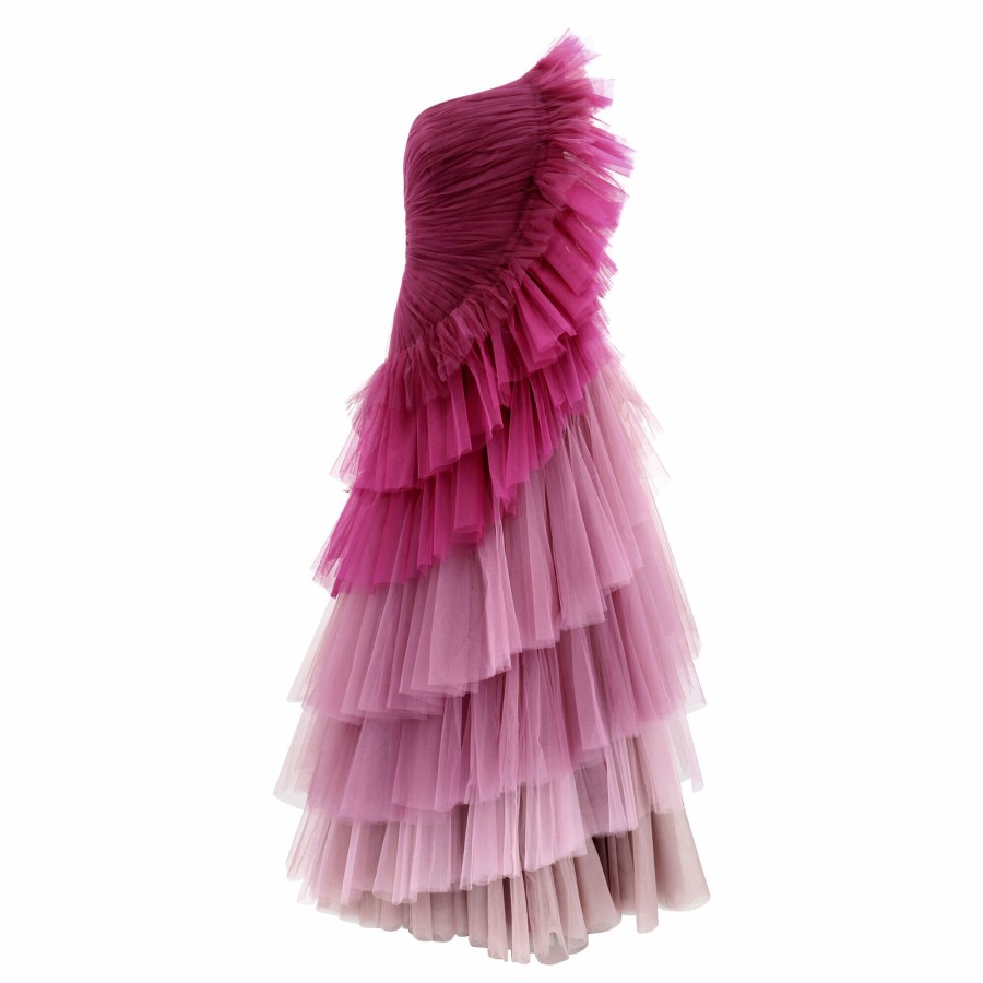 Clothing Badgley Mischka | One-Shoulder Ombre Tulle Tiered Gown Sangria