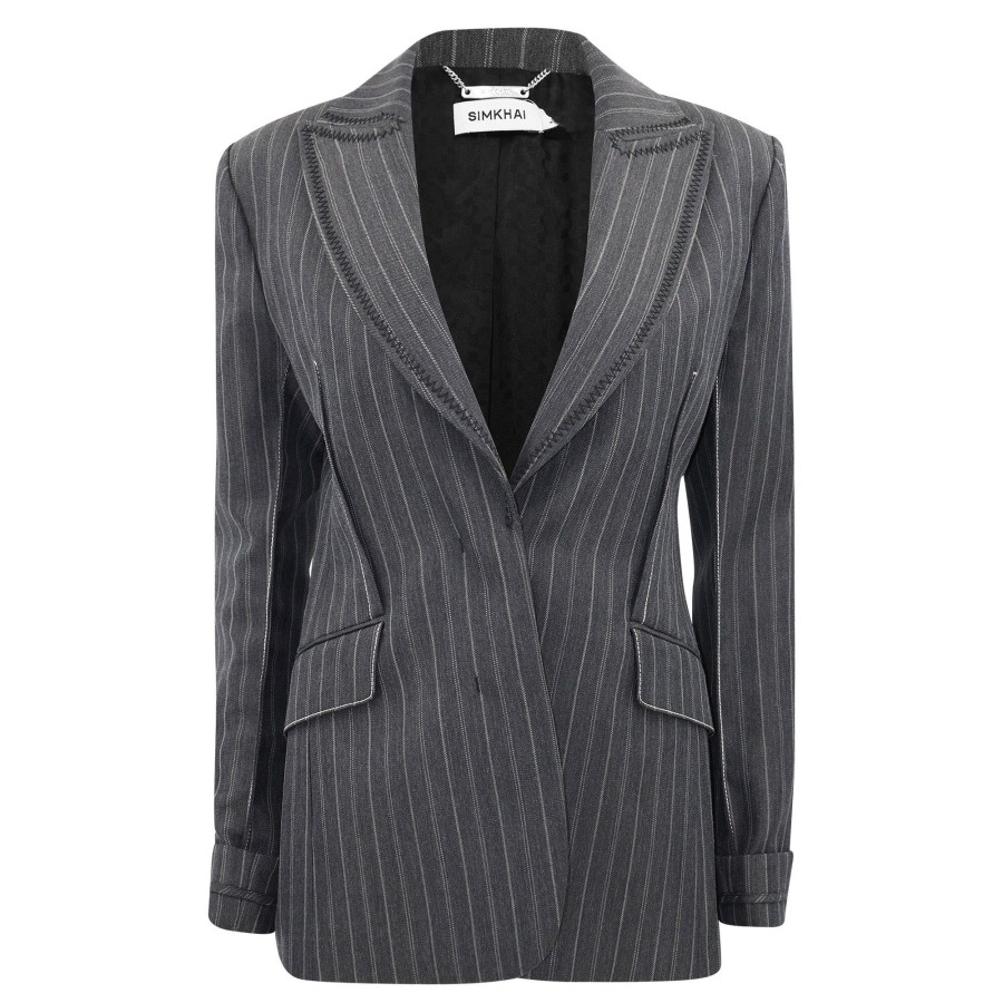 Clothing Simkhai | Gamela Single Breasted Blazer Grey Pinstripe