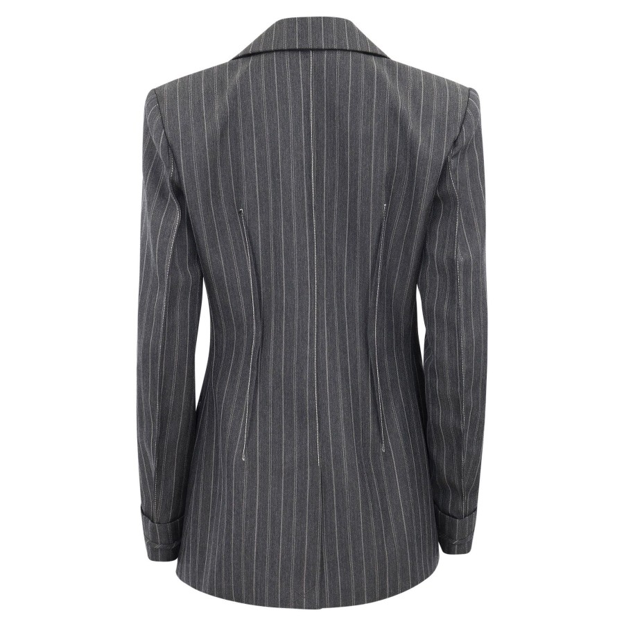 Clothing Simkhai | Gamela Single Breasted Blazer Grey Pinstripe