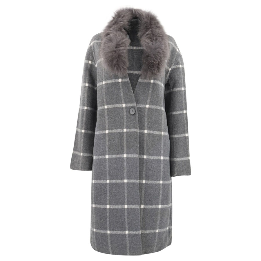 Clothing Dolce Cabo | Long Plaid Coat With Fur Collar Grey