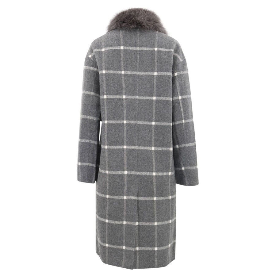 Clothing Dolce Cabo | Long Plaid Coat With Fur Collar Grey