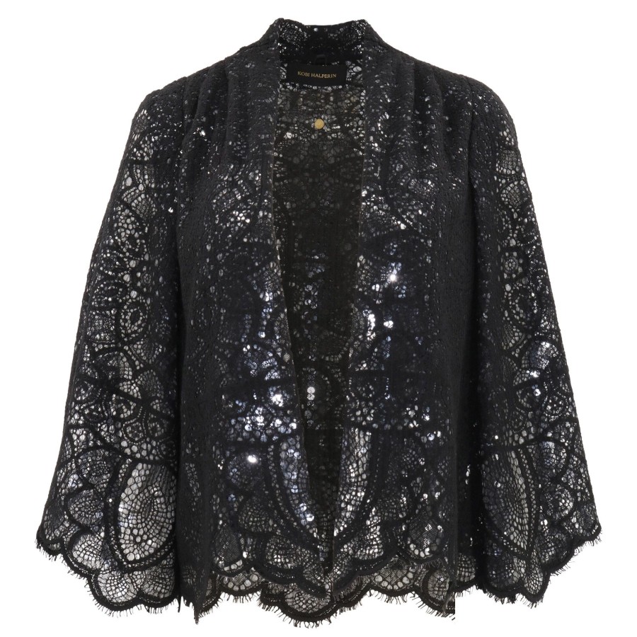 Clothing Kobi Halperin | Delilah Open-Front Scalloped Sequin Lace Jacket Black