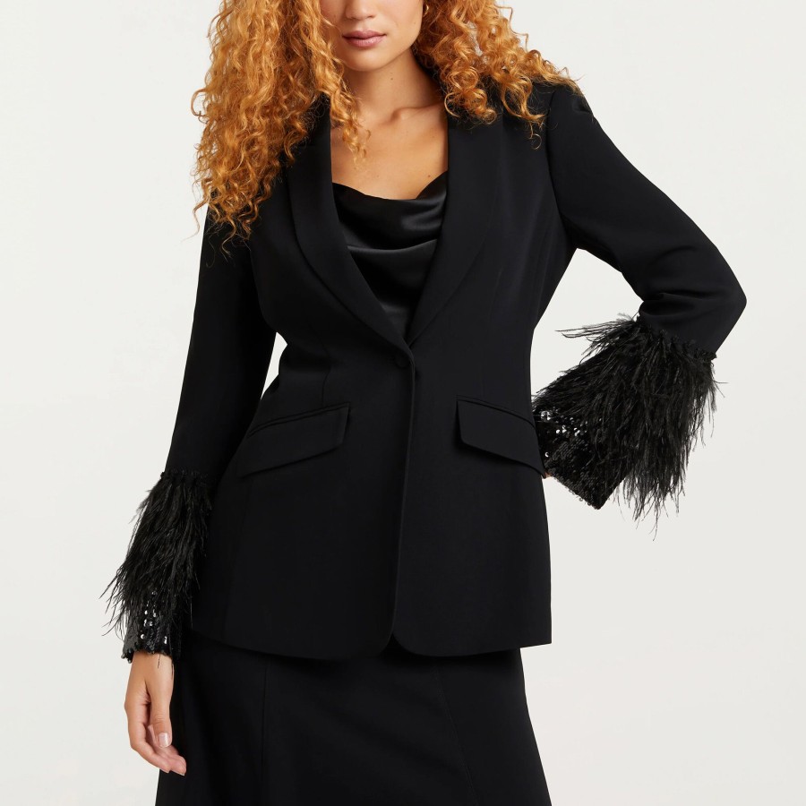 Clothing Cinq à Sept | Cheyenne Sequin And Feather Blazer Black