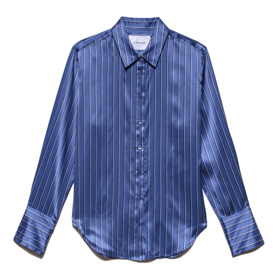 Clothing Frame | The Standard Striped Silk Shirt Slate Blue