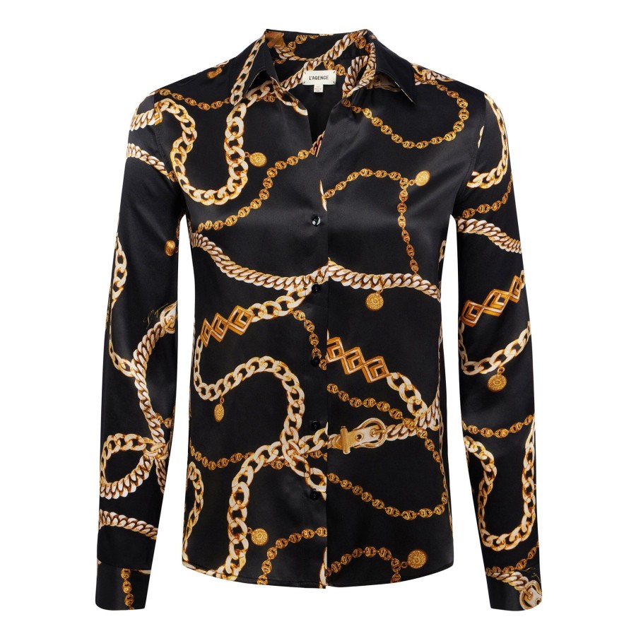 Clothing L'Agence | Tyler Status Silk Shirt Black Gold Classic Chain