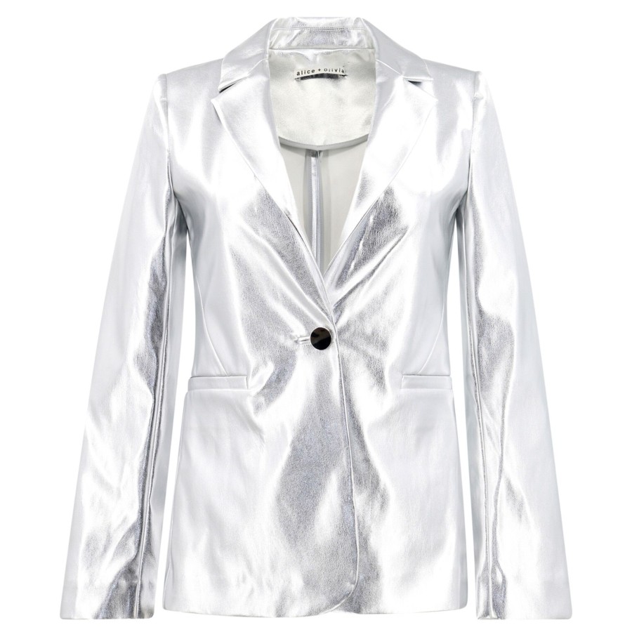 Clothing Alice + Olivia | Macey Metallic Vegan Leather Blazer Silver