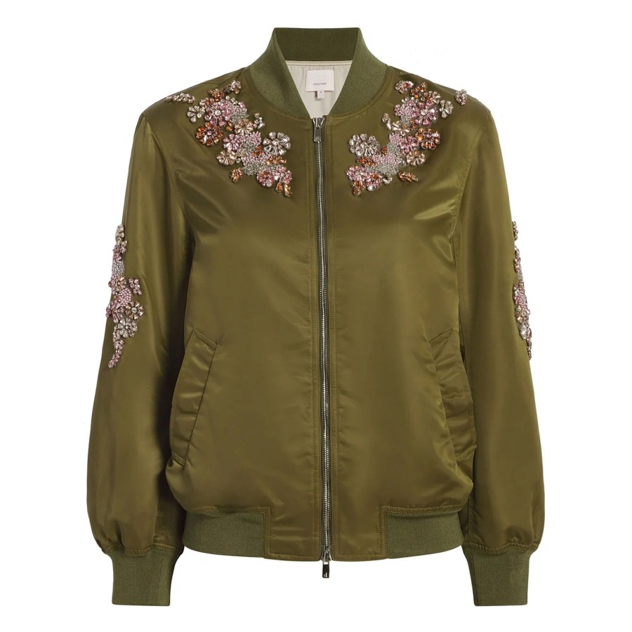 Clothing Cinq à Sept | Talulla Diamond Daisies Embellished Bomber Jacket Olive