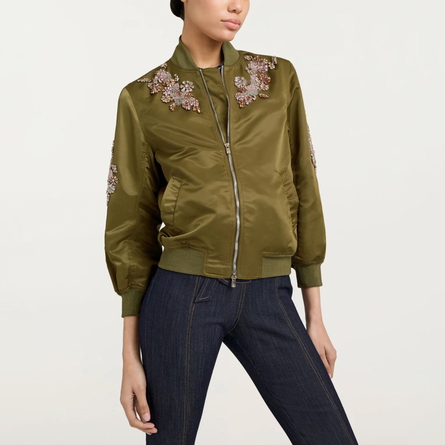 Clothing Cinq à Sept | Talulla Diamond Daisies Embellished Bomber Jacket Olive