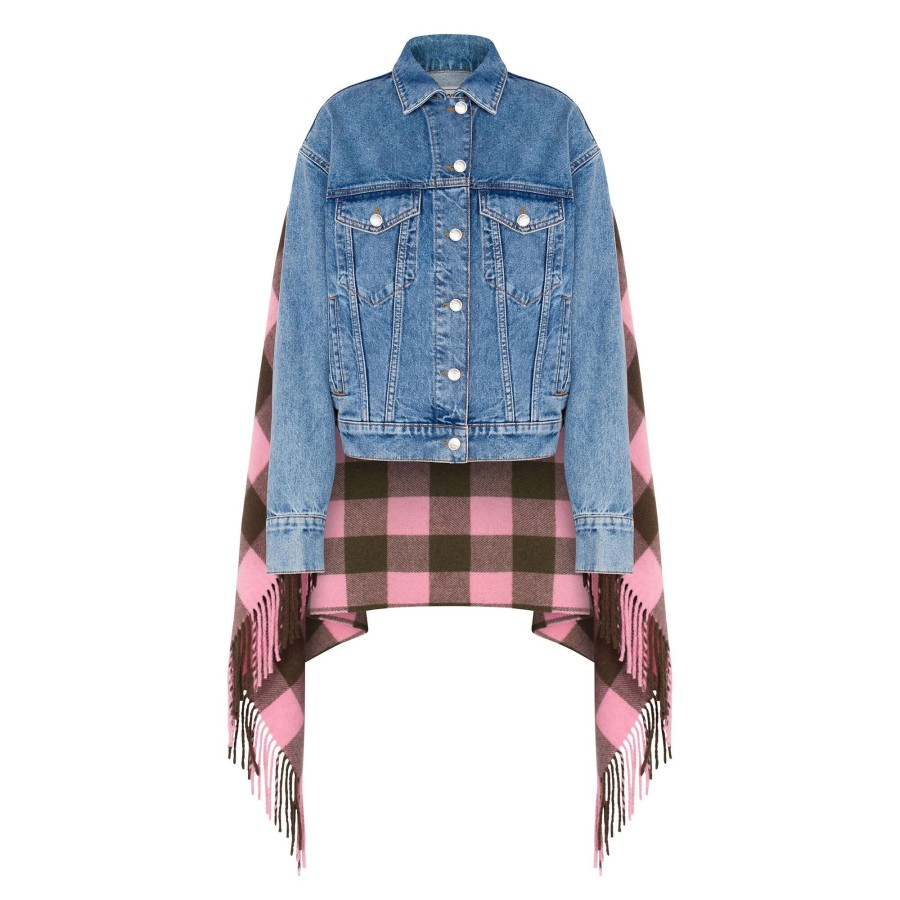 Clothing Moschino Jeans | Recycled Denim Jacket With Check Cape Denim Plaid