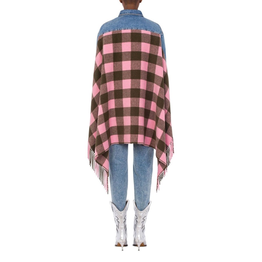 Clothing Moschino Jeans | Recycled Denim Jacket With Check Cape Denim Plaid