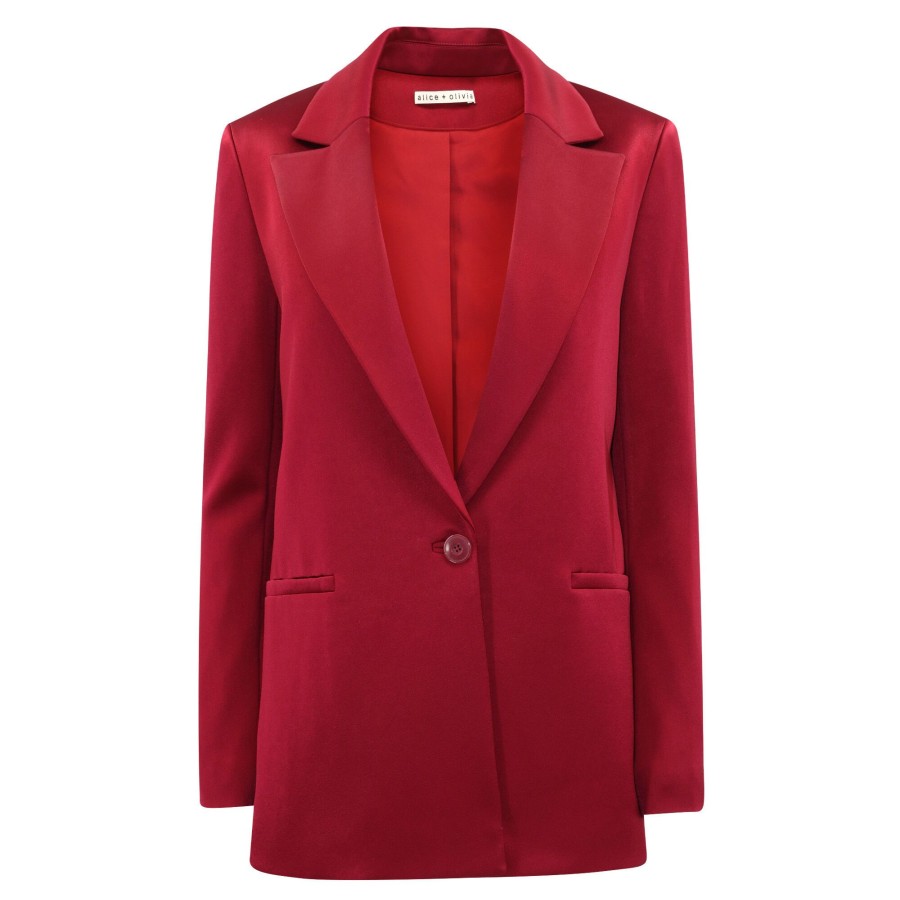 Clothing Alice + Olivia | Denny Single-Breasted Satin Blazer Bordeaux