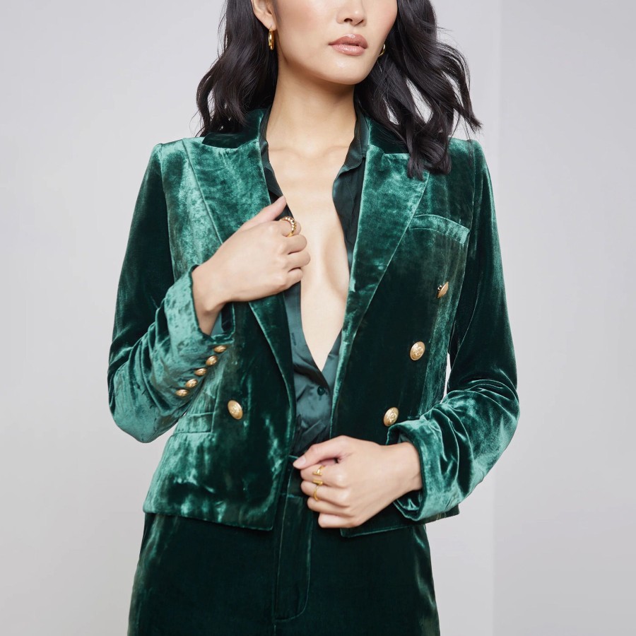 Clothing L'Agence | Brooke Velvet Crop Blazer Forest Green