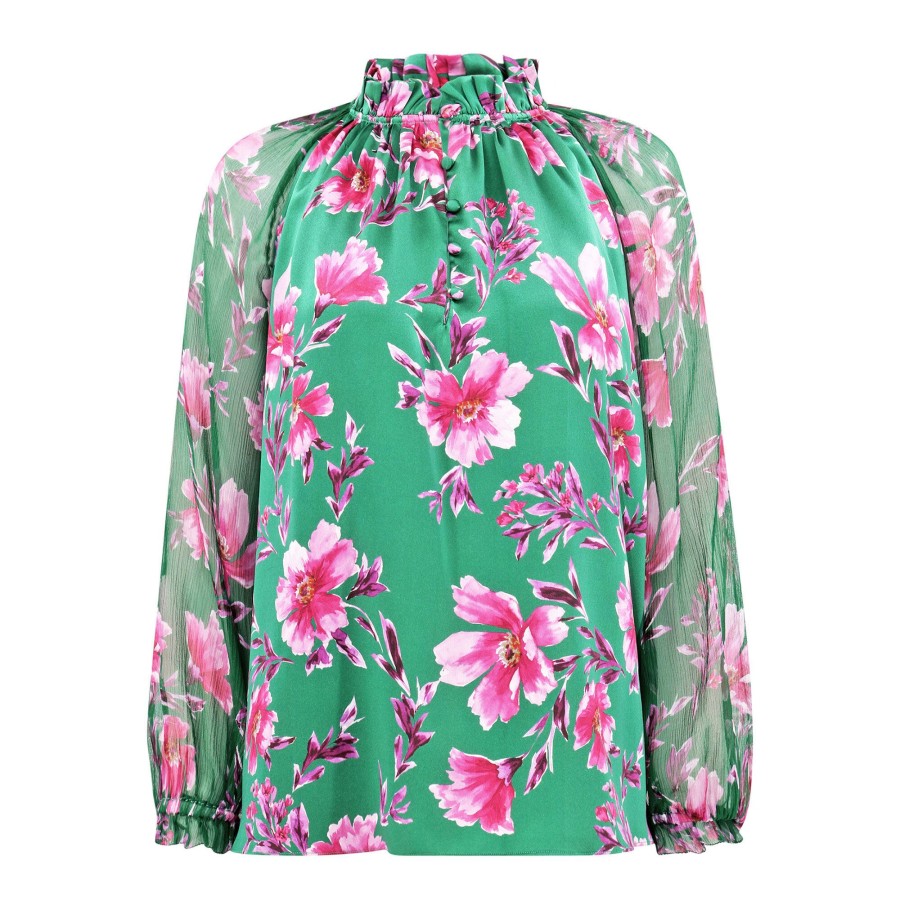 Clothing Christy Lynn | Karla Silk Ruffled Collar Blouse Pink/Green Poinsettia