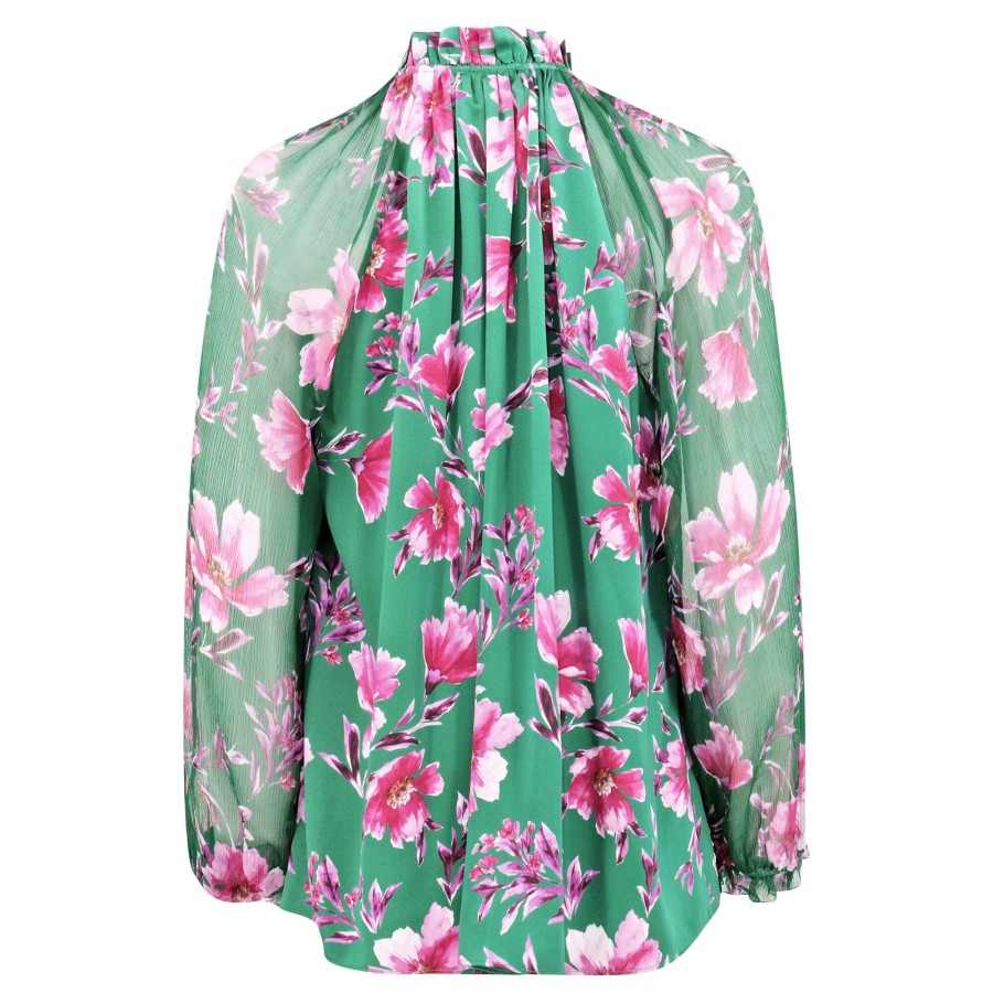 Clothing Christy Lynn | Karla Silk Ruffled Collar Blouse Pink/Green Poinsettia