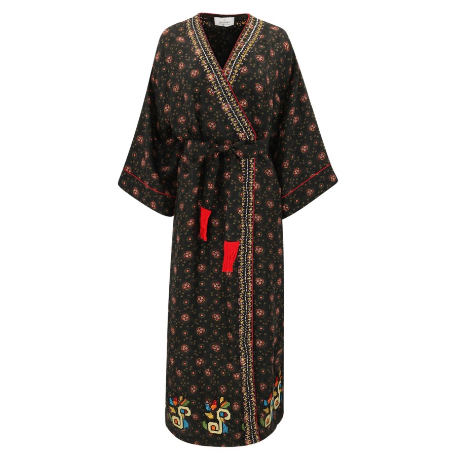 Clothing Monoki | Spirit Tribe Embroidered Kimono Dress Khaki