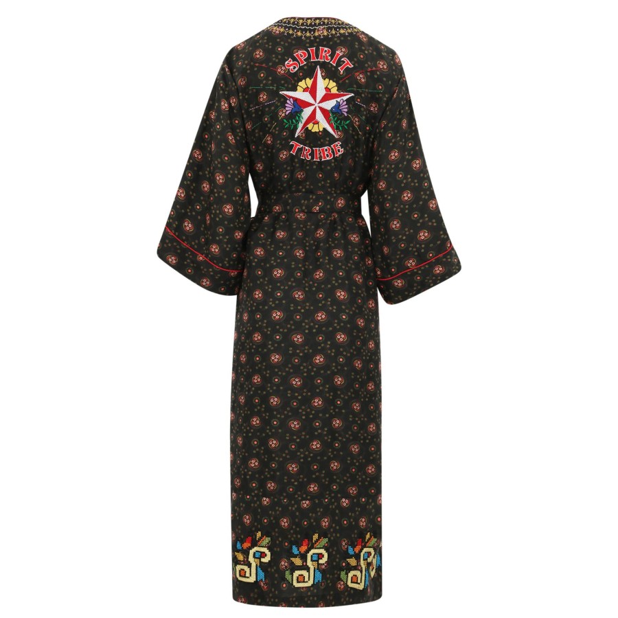 Clothing Monoki | Spirit Tribe Embroidered Kimono Dress Khaki