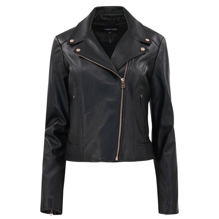 Clothing LaMarque | Kelsey Gold Leather Biker Jacket Black