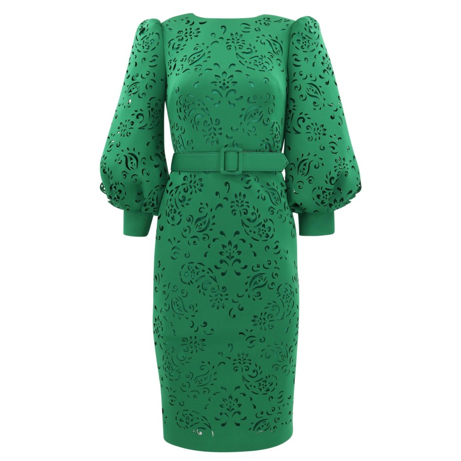 Clothing Badgley Mischka | Puff Shoulder Laser Cut Paisley Dress Green